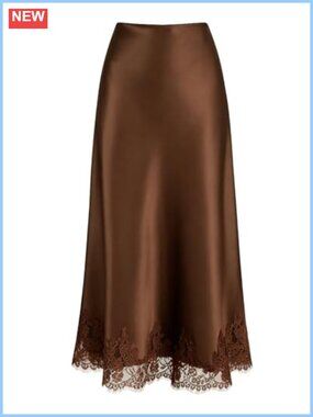 Lace Trim Satin High Waisted Midi Skirt A-Line Long Skirt for Women